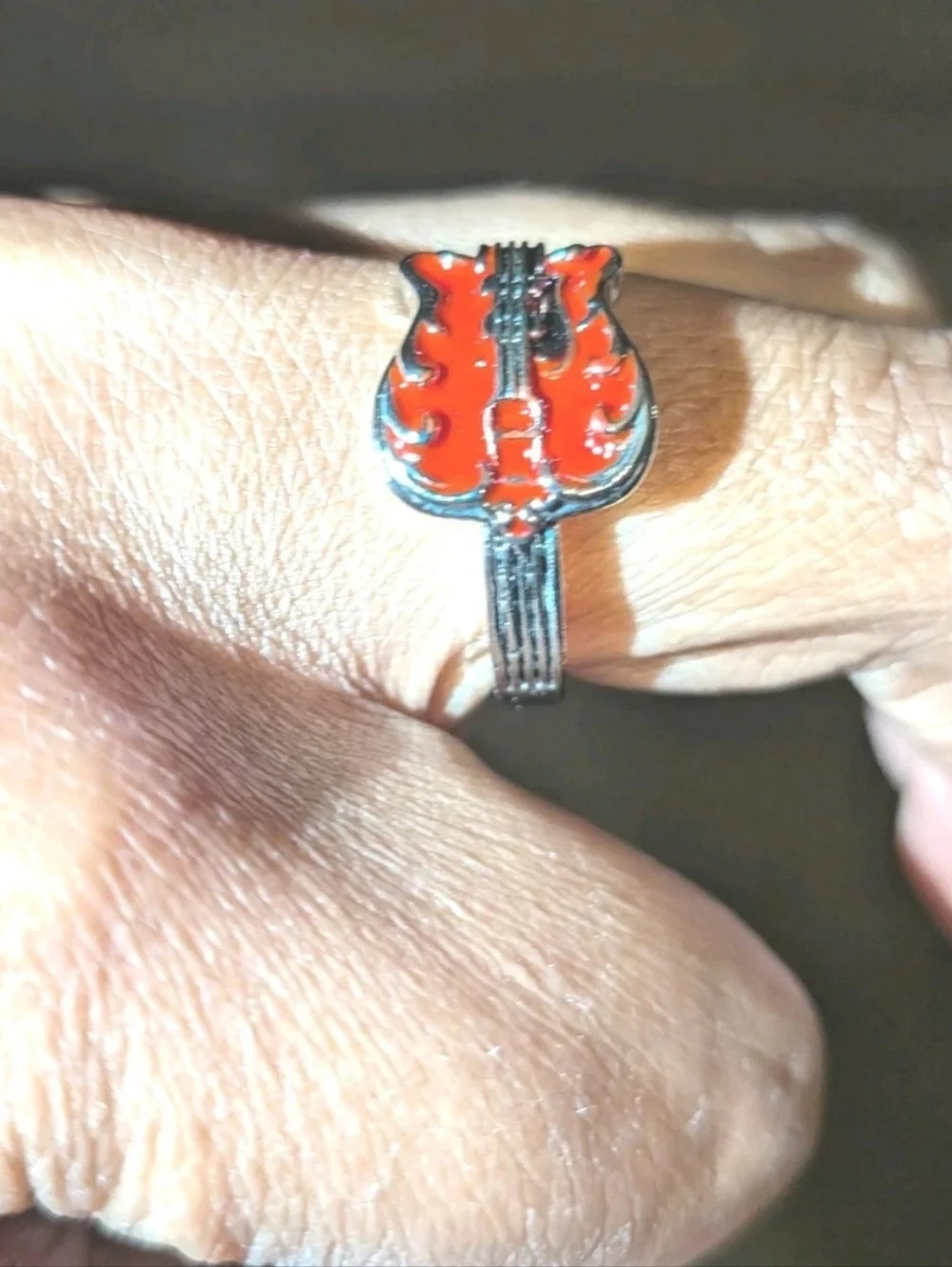 Elvis Inspired Silver Plated Guitar Red Enamel   Unisex Intricate Detailed Ring